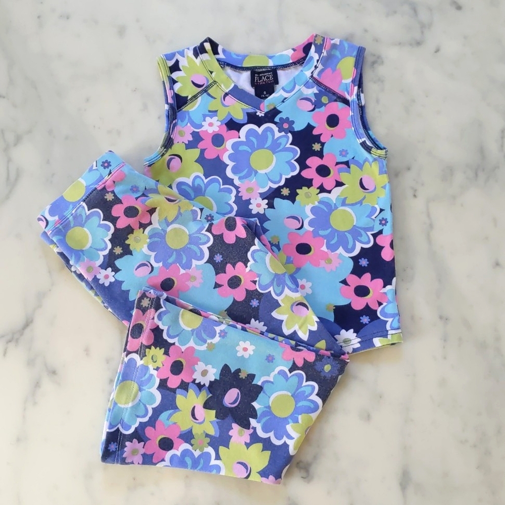 The Children's Place Cotton/Spandex Multicolor Floral Sleeveless Top & Pant Set.